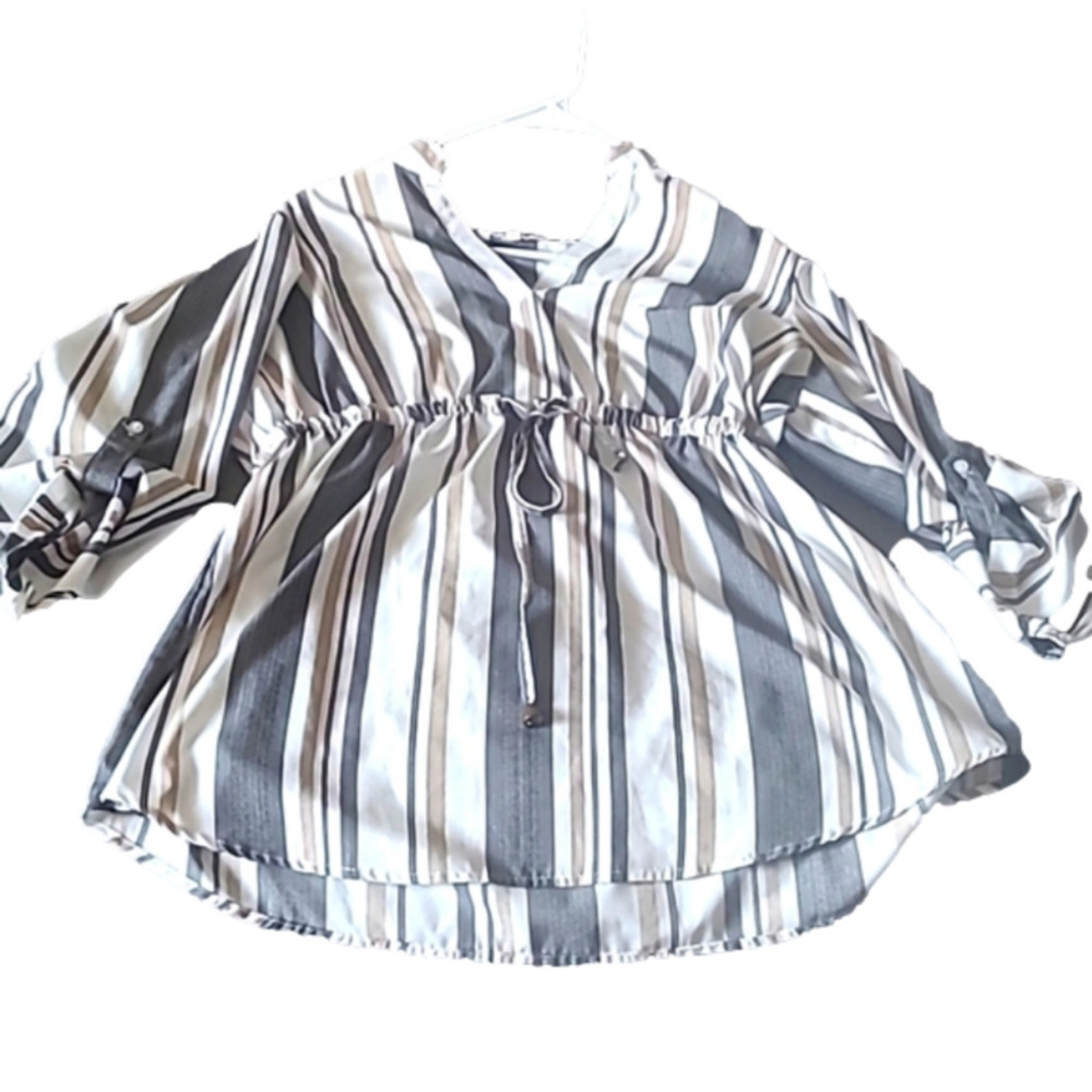 Hint of Blush Women's Pullover Tunic  Blouse Striped High Waist 3/4 Sleeves.